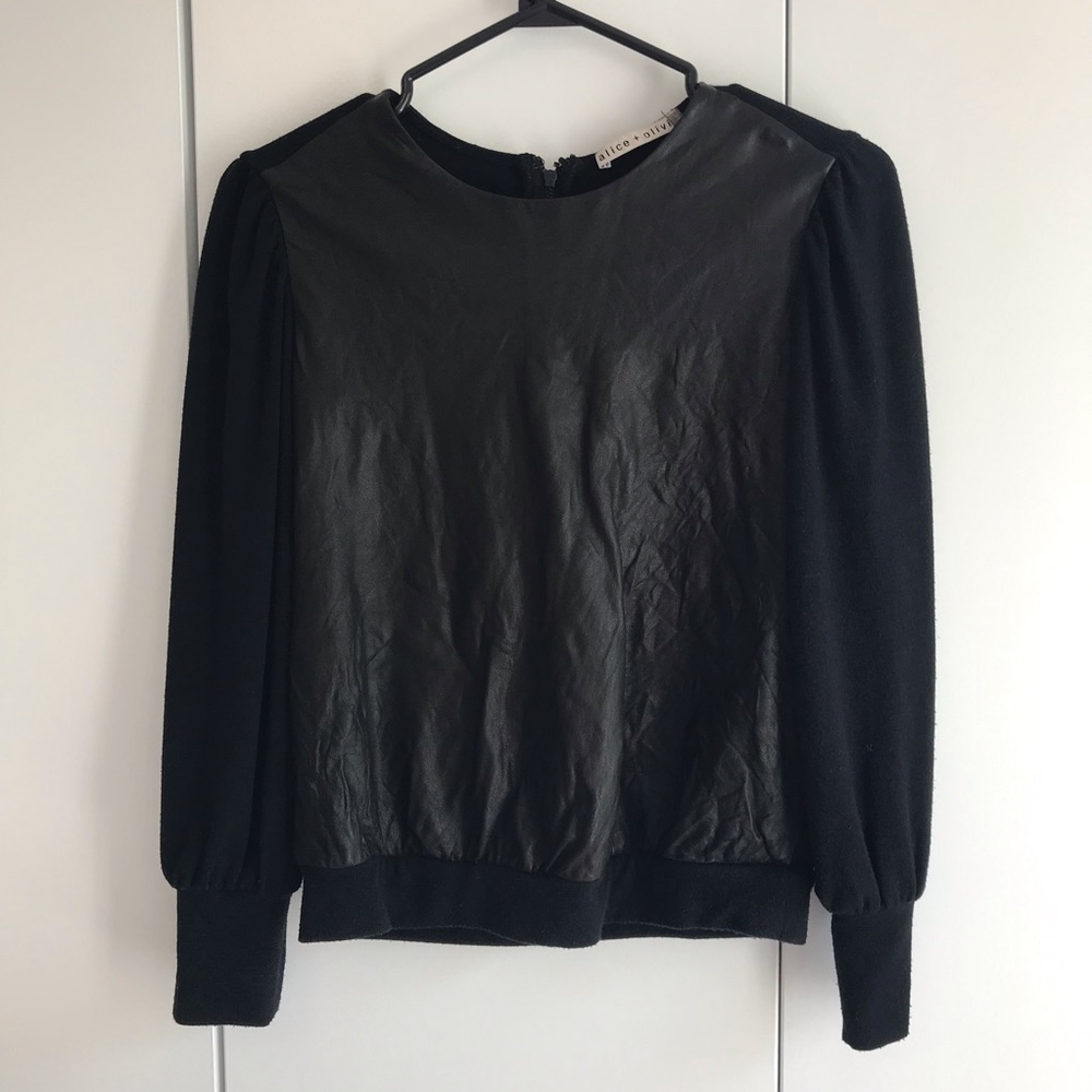Alice + Olivia Lamb Leather Black Long Sleeve Top